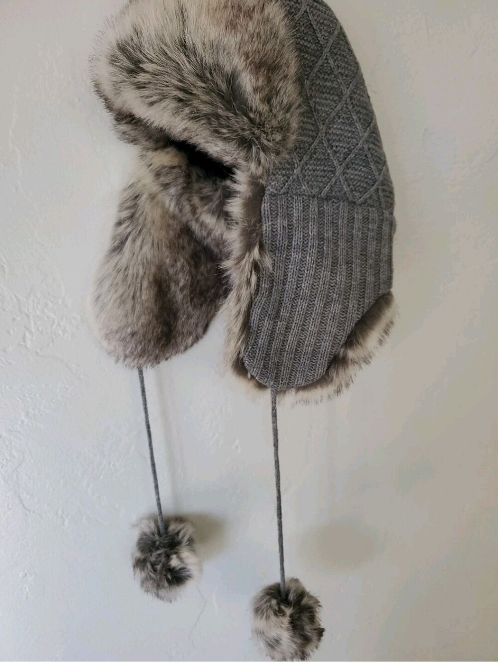 Surell Gray Knit Faux Fur Trapper Hat with Pom Ties